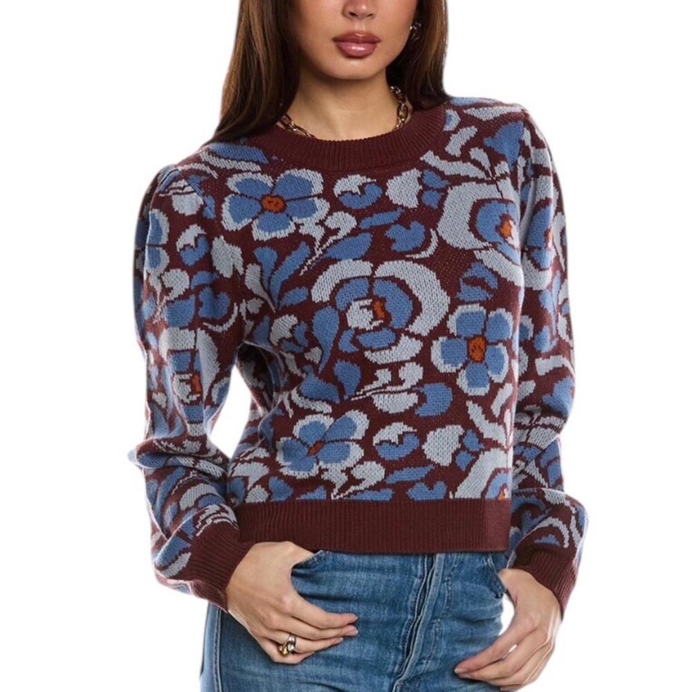 Driftwood Felicia Crew Neck Floral Puff Sleeve Sweater. Size S NEW